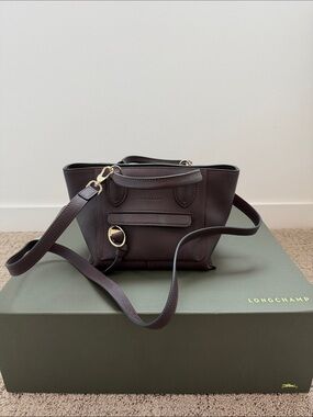 Longchamp Dark Purple Pebbled Leather Crossbody Mailbox Bag with Gold Hardware